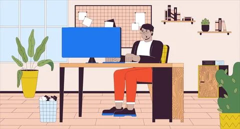 Arab man with obesity working in office cartoon flat illustration Stock Illustration
