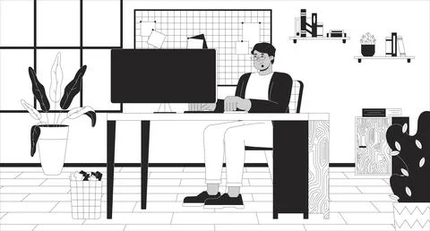 Arab man with obesity working in office black and white line illustration Stock Illustration
