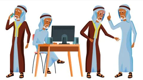 Arab Man Office Worker . Islamic. Traditional Clothes. Old. Business Set. Face 스톡 일러스트