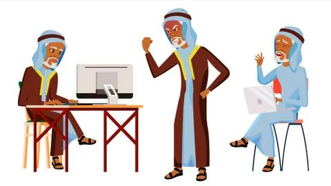 Arab Man Office Worker . Thawb, Thobe. Old. Traditional Clothes. Business Set Stock Illustration