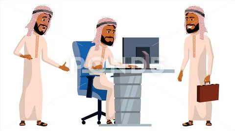 Arab Man Office Worker . Traditional Clothes. Islamic. Face Emotions, Animated Stock Illustration