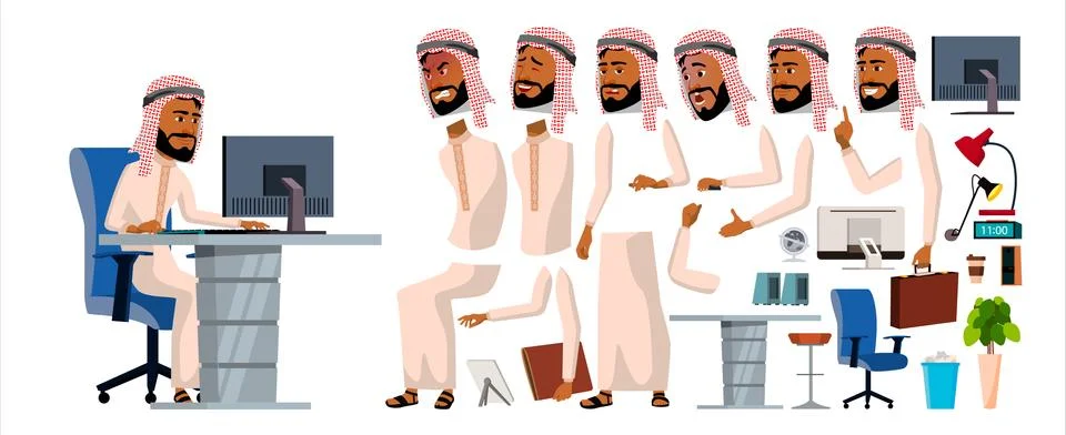 Arab Man Office Worker Vector. Animation Set. Generator. Facial Emotions Stock Illustration