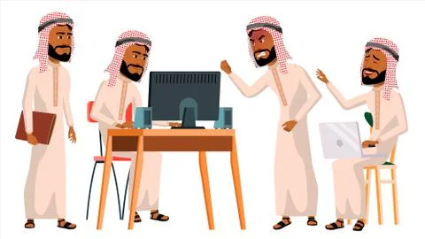 Arab Man Office Worker Vector. Saudi, Emirates, Qatar, Uae. Business Set. Facial Stock Illustration