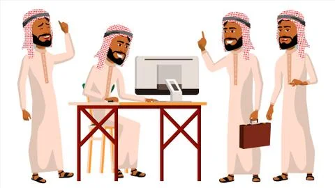 Arab Man Office Worker Vector. Thawb, Thobe. Ghutra. Business Set. Face Emotions Stock Illustration