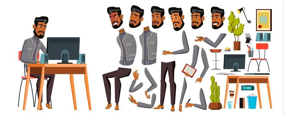Arab Man Office Worker Vector. Animation Creation Set. Generator. Emotions イラスト素材