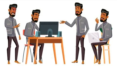 Arab Man Office Worker Vector. Business Set. Islamic. Facial Emotions, Gestures Illustrazione stock