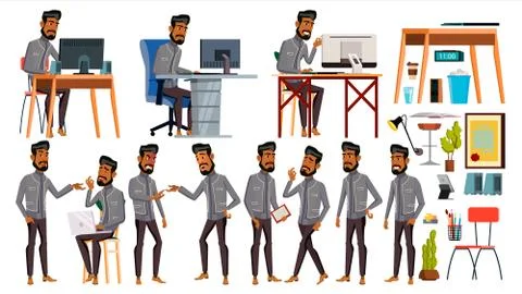 Arab Man Office Worker Vector. Business Set. Face Emotions, Various Gestures Stock Illustration