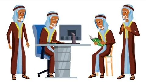 Arab Man Office Worker Vector. Ghutra. Old. Saudi, Emirates. Arabic Face 库存插图