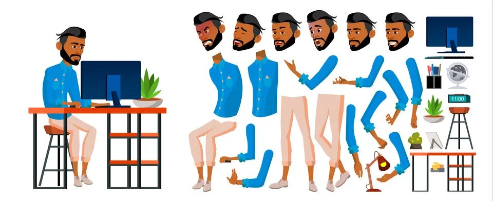 Arab Man Office Worker Vector. Business Animation Creation Set. Face Emotions Illustrazione stock