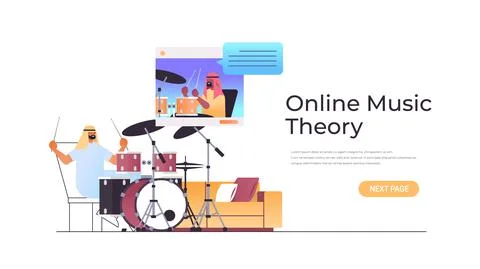 Arab man playing drums while watching video lessons with arabic teacher in web Illustrazione stock