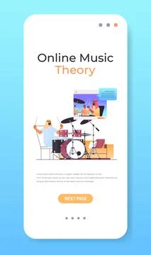 Arab man playing drums while watching video lessons with arabic teacher in web Illustrazione stock