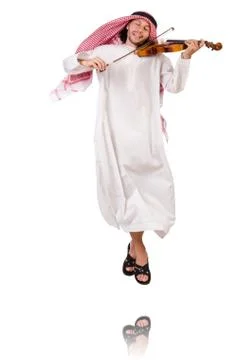 Arab man playing violing on white Foto stock