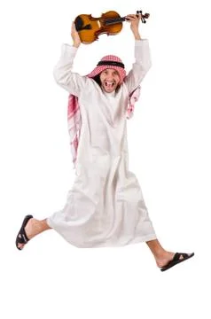 Arab man playing violing on white Foto stock
