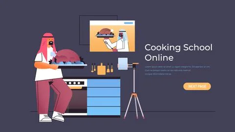 Arab man preparing turkey and watching video tutorial with arabic chef in web Stockillustratie