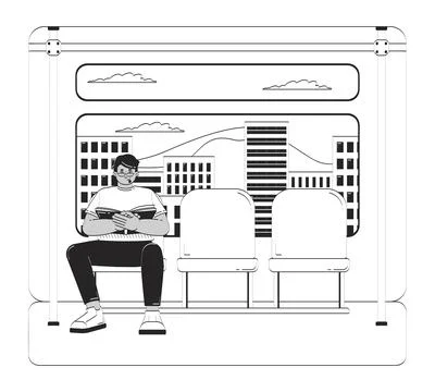 Arab man reading book on public transport doodle lineart illustration Stock Illustration