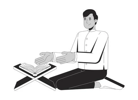 Arab man reciting Quran 2D line character Illustrazione stock