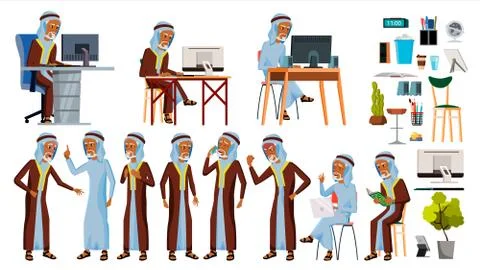 Arab Man Set Office Worker . Set. Arabic, Muslim. Old. Emirates, Qatar, Uae Stock Illustration