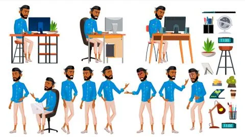 Arab Man Set Office Worker . Emirates, Qatar, Uae. Muslim. Islamic. Emotions Stock Illustration