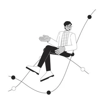 Arab man sitting on chart waves black and white 2D line cartoon character 스톡 일러스트