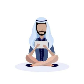 Arab man sitting pose isolated using tablet male faceless cartoon character flat 스톡 일러스트