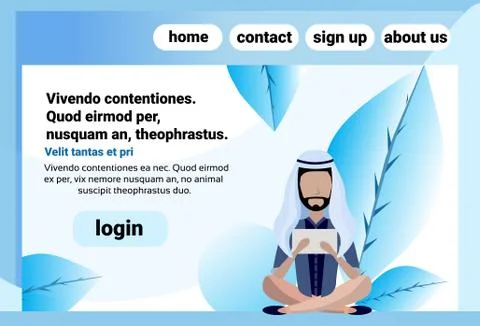 Arab man sitting pose online communication using tablet male faceless cartoon 스톡 일러스트