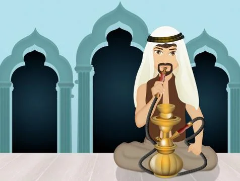 Arab man smokes hookah Stock Illustration