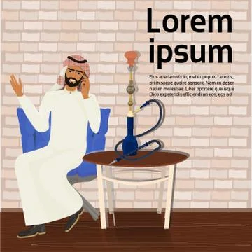 Arab Man Smoking Hookah Sitting At Table Over Background With Copy Space 스톡 일러스트