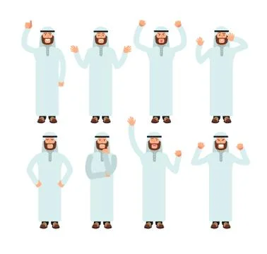 Arab man standing with different hand gestures and face emotions. Male muslim イラスト素材