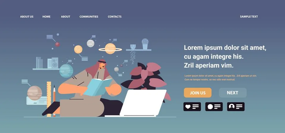 Arab man student using digital webinars on laptop and reading book astronomy Illustrazione stock