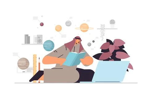 Arab man student using digital webinars on laptop and reading book astronomy Stock Illustration