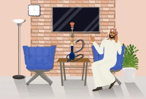 Arab Man Talking On Phone Sitting In Hookah Lounge Over Background With Copy 스톡 일러스트