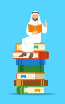 Arab man teacher sitting on stack of books 스톡 일러스트