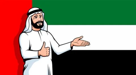 Arab man thumbs up on UAE flag background Stock-Illustration