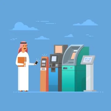 Arab Man Using Atm Machine Cell Smart Phone Mobile Payment, Islam Businessman Stock Illustration