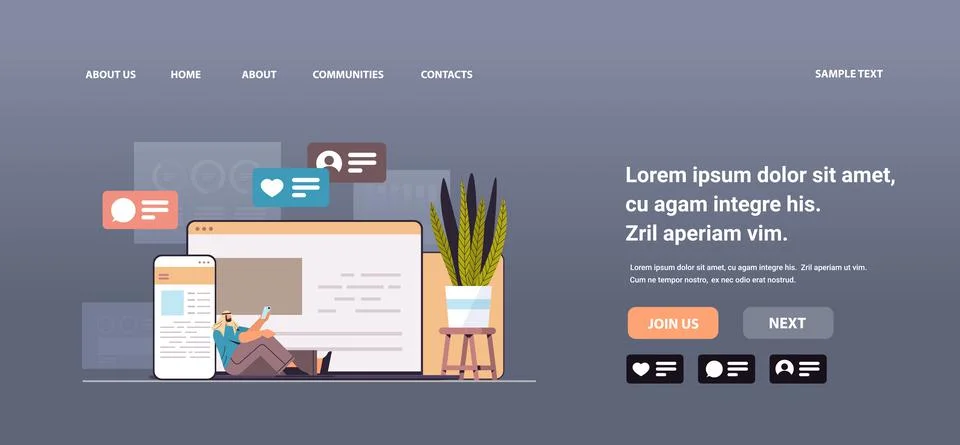 Arab man using computer and mobile chatting apps online communication social Stock Illustration