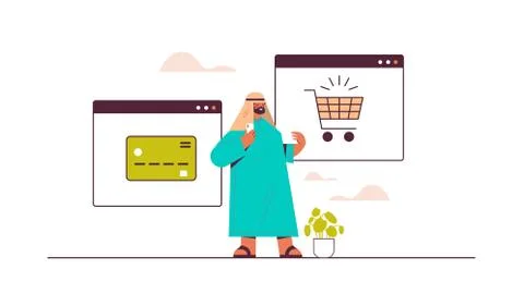 Arab man using smartphone application for online shopping ordering and paying e イラスト素材
