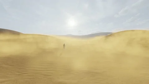 Arab man walks through the desert, sand and dust rise from the sand dunes, 4 Video stock 157964680