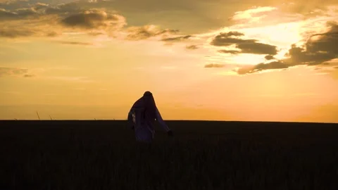 An Arab man walks through a wheat field at sunset. Stock-Footage 198563892
