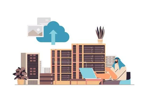 Arab man working in data center technical room hosting server database concept Stock Illustration