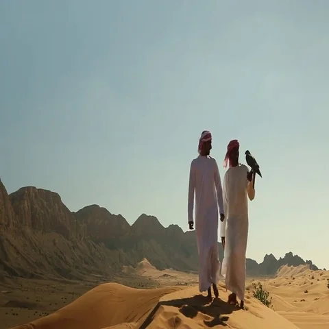 Arab men with falcon on desert. Stock Footage 69483446