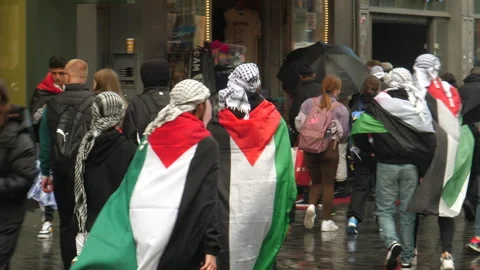 Arab men walking down the street with Palestinian flag and keffiyeh. Amsterdam. Video stock 253305072