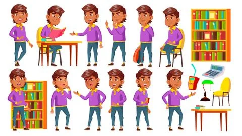 Arab, Muslim Boy Set Vector. Lesson. Library. Primary School Child. Beautiful Stock Illustration