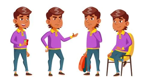 Arab, Muslim Boy Set Vector. Primary School Child. Library Books. Reading Stock Illustration