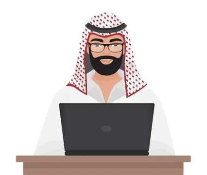 Arab muslim businessman or programmer working with laptop isolated. Cartoon Stock-Illustration