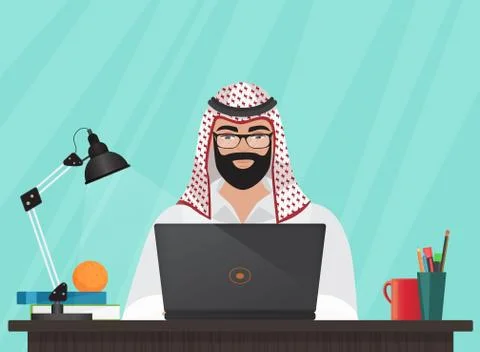 Arab muslim businessman or programmer sitting at his office Desk working with Illustrazione stock