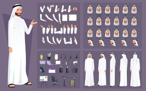 Arab Muslim Man Character Constructor Kit with Various face Poses, Animation Stock Illustration