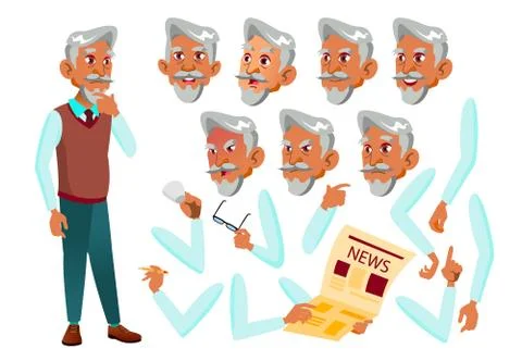 Arab, Muslim Old Man Vector. Senior Person. Aged, Elderly People. Face Emotions Ilustración de archivo