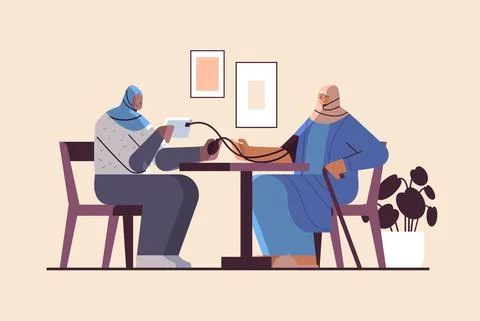 Arab nurse or volunteer checking blood pressure to elderly arabic woman patient Stock Illustration