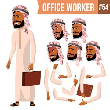 Arab Office Worker . Saudi, Emirates, Qatar, Uae. Face Emotions, Various Stock Illustration