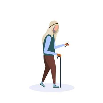 Arab old man walking stick using smartphone elderly grandfather walk isolated Stock Illustration